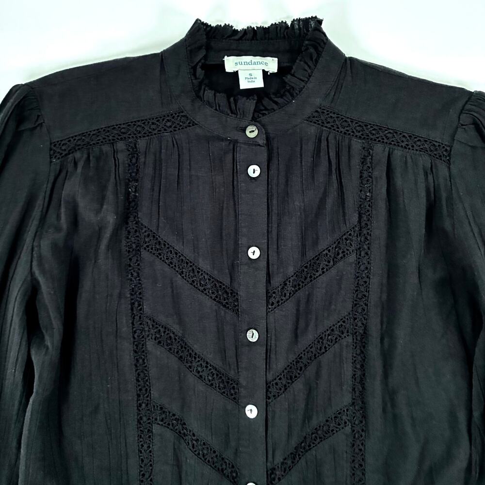 Sundance Louisa Black Lace & Ruffle Trim Long Sleeve Button Up Shirt - Size S